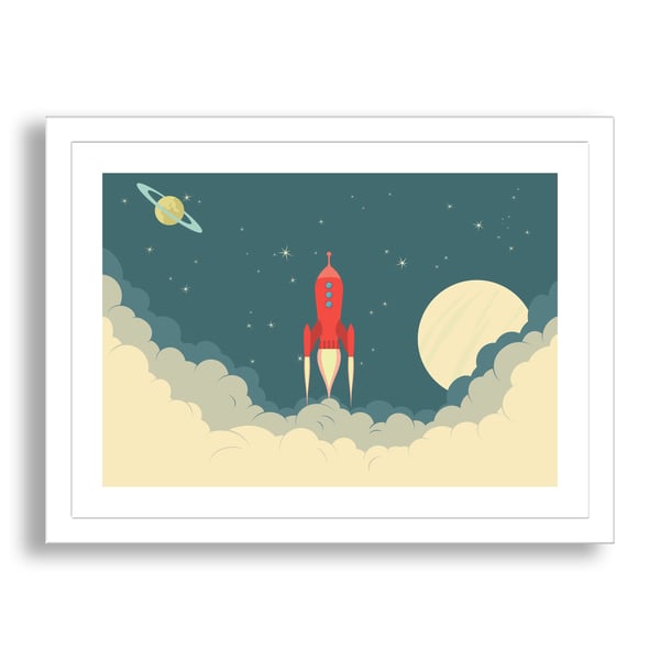 Neyros Retro Rocket Blast Off Framed Paper Art