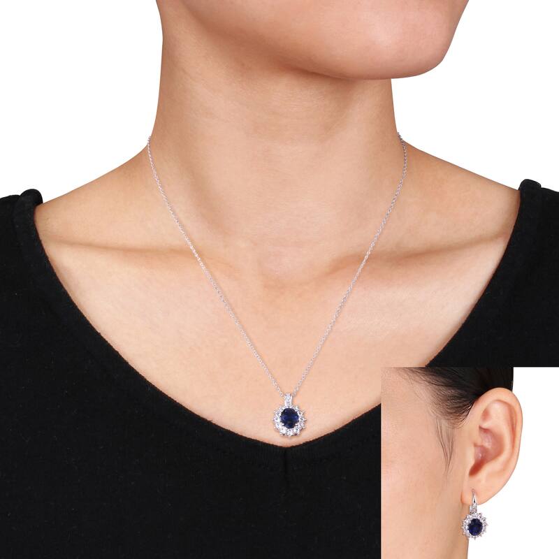 Miadora Silver Created Blue and White Sapphire and Diamond Accent Birthstone Earrings and Necklace Set