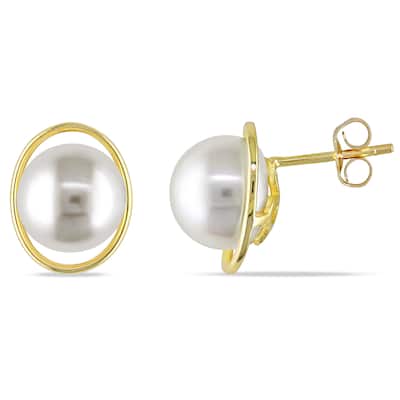 Miadora 10k Yellow Gold Cultured Freshwater White Pearl Stud Earrings (9.5-10 mm)
