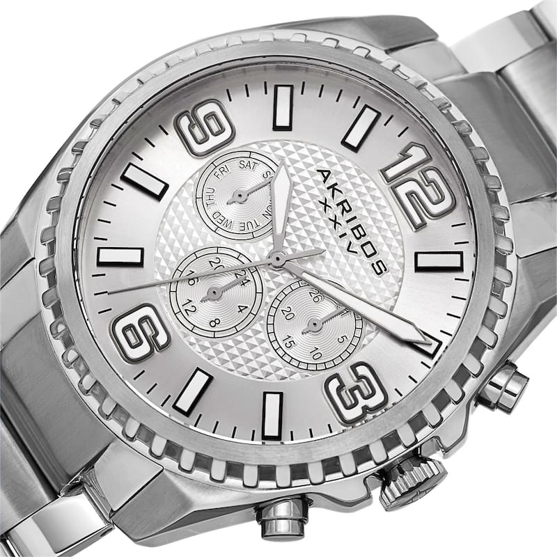 Akribos XXIV Men's Swiss Quartz Multifunction Dual Time Stainless Steel Silver-Tone Bracelet Watch