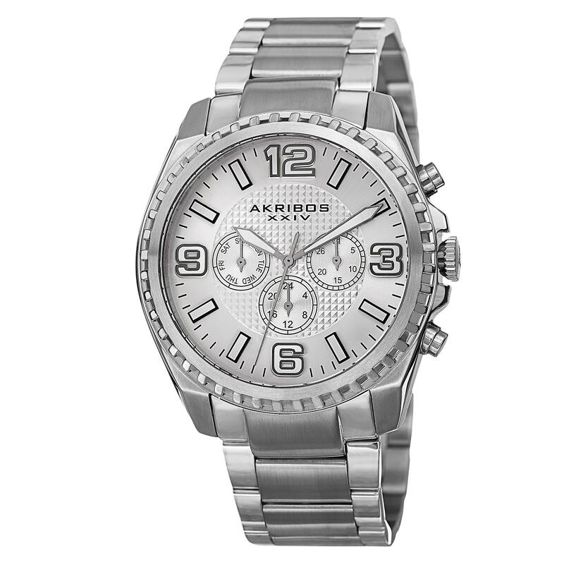 Akribos XXIV Men's Swiss Quartz Multifunction Dual Time Stainless Steel Silver-Tone Bracelet Watch