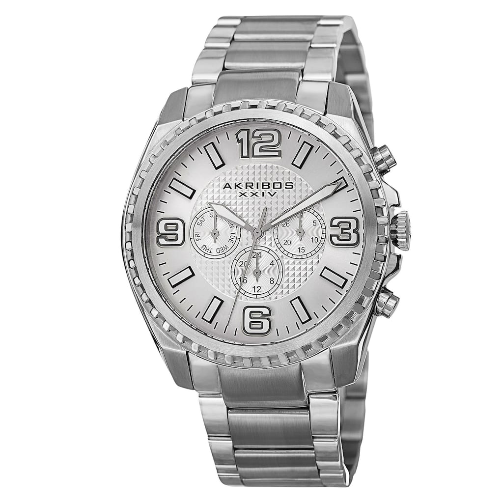 Akribos XXIV Men's Swiss Quartz Multifunction Dual Time Stainless Steel Silver-Tone Bracelet Watch