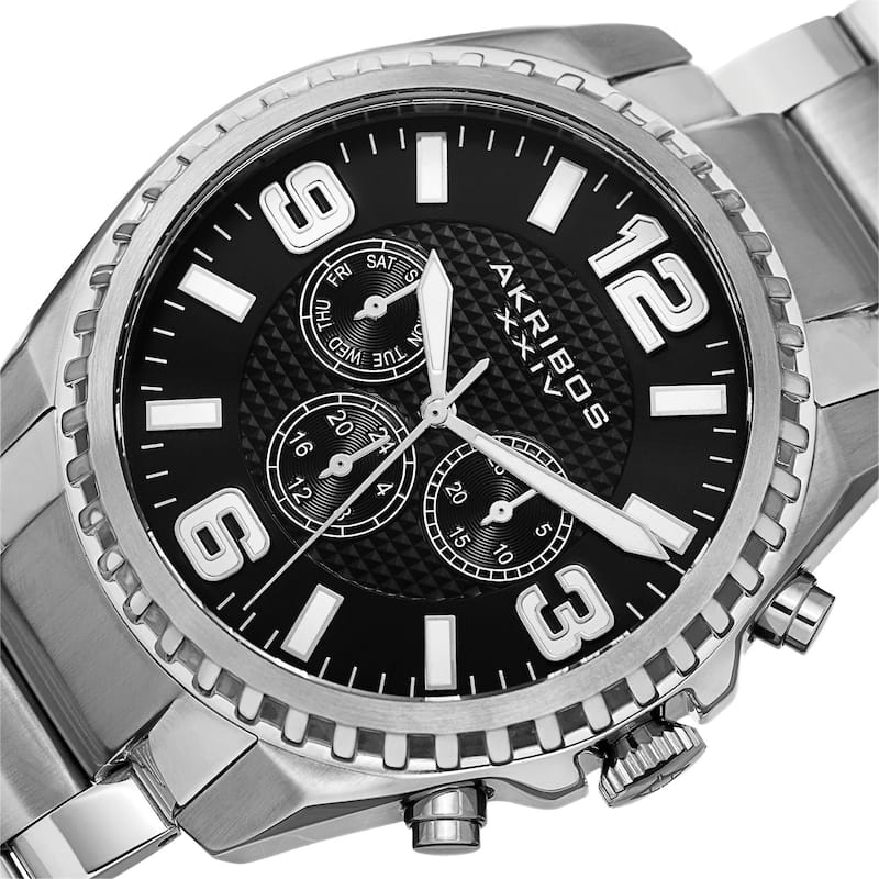 Akribos XXIV Men's Swiss Quartz Multifunction Dual Time Stainless Steel Silver-Tone Bracelet Watch
