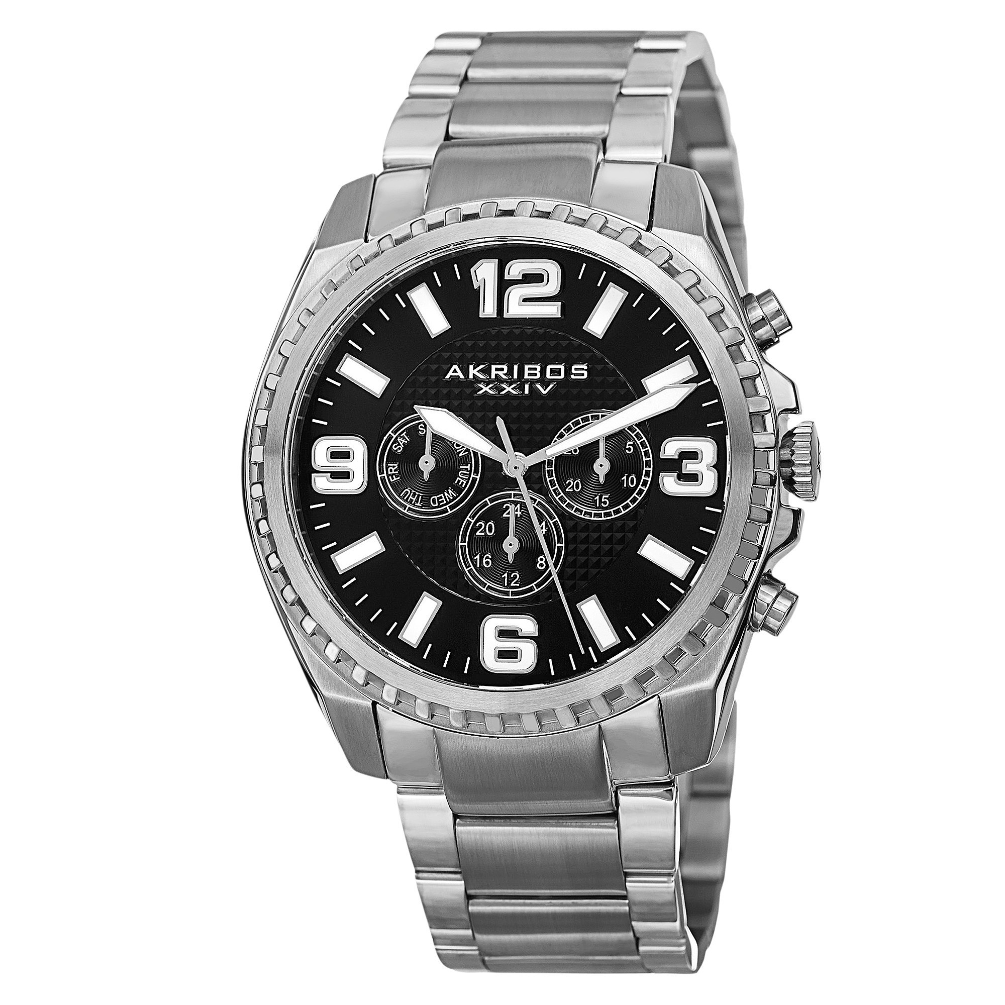 Akribos XXIV Men's Swiss Quartz Multifunction Dual Time Stainless Steel Silver-Tone Bracelet Watch