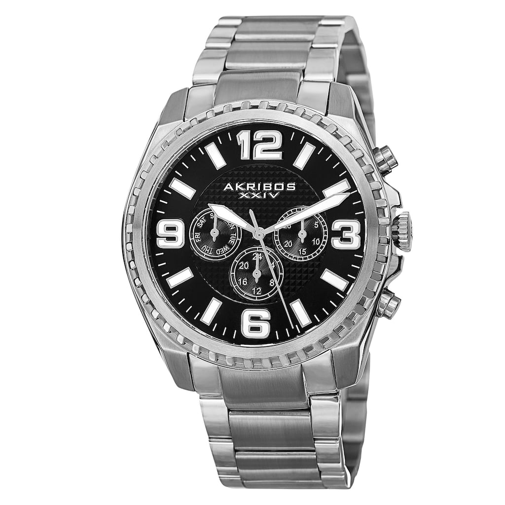 Akribos XXIV Men's Swiss Quartz Multifunction Dual Time Stainless Steel Silver-Tone Bracelet Watch
