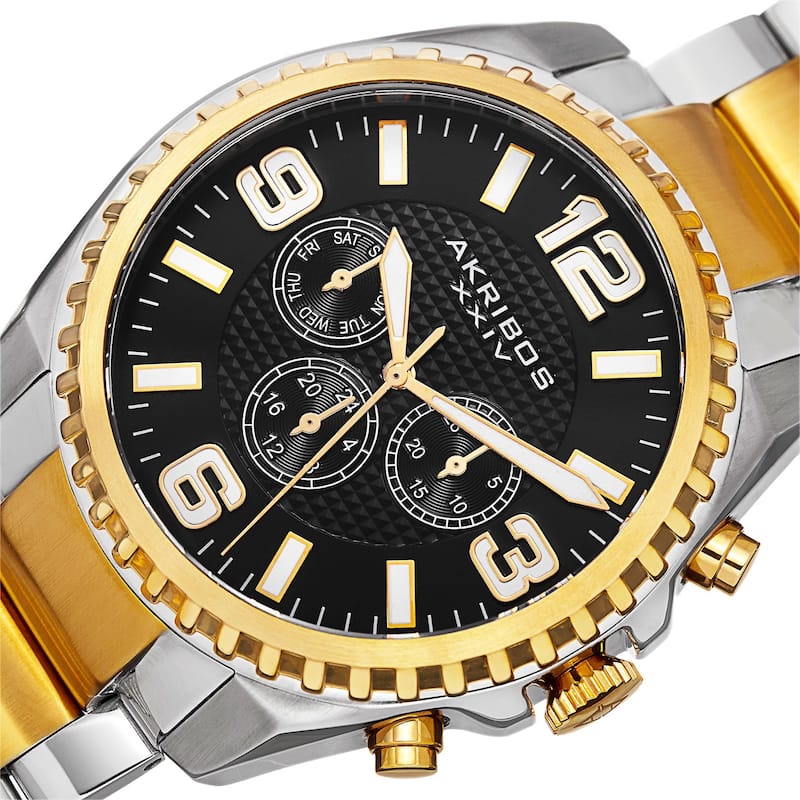 Akribos XXIV Men's Swiss Quartz Multifunction Dual Time Stainless Steel Two-Tone Bracelet Watch