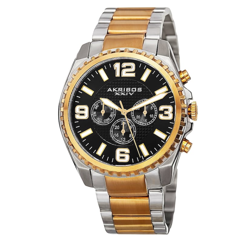 Akribos XXIV Men's Swiss Quartz Multifunction Dual Time Stainless Steel Two-Tone Bracelet Watch