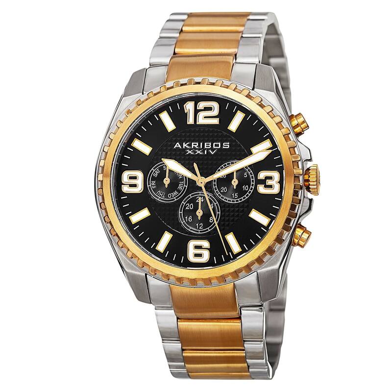 Akribos XXIV Men's Swiss Quartz Multifunction Dual Time Stainless Steel Two-Tone Bracelet Watch