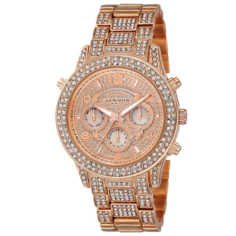 Akribos XXIV Dazzling Women's Swiss Quartz Dual Time Crystal-Accented Rose-Tone Bracelet Watch
