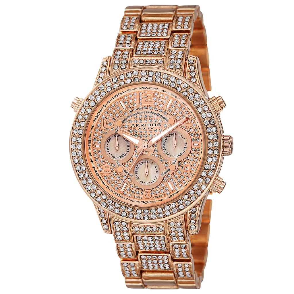 Akribos XXIV Dazzling Women's Swiss Quartz Dual Time Crystal-Accented Rose-Tone Bracelet Watch