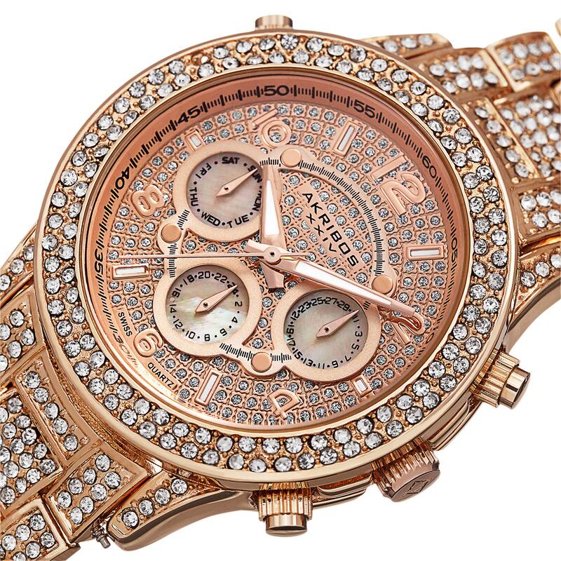Akribos XXIV Dazzling Women's Swiss Quartz Dual Time Crystal-Accented Rose-Tone Bracelet Watch