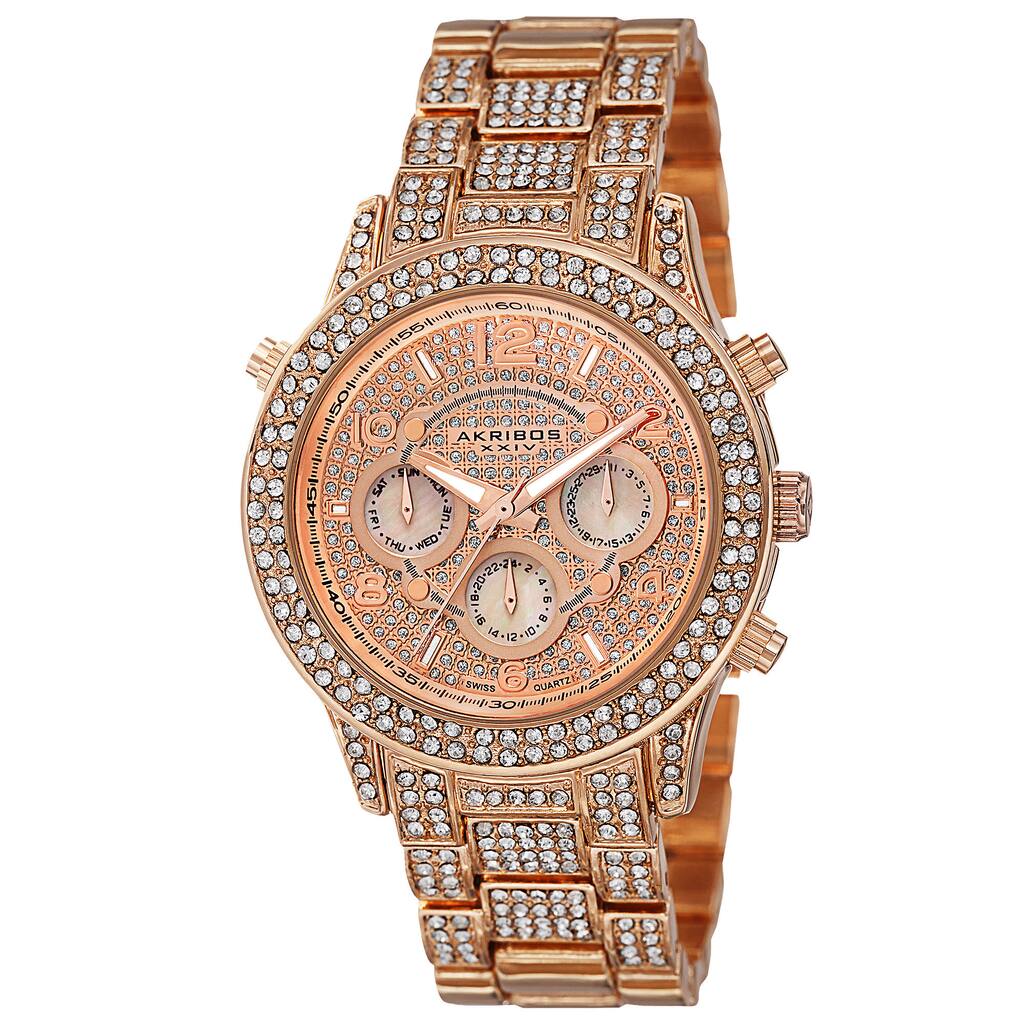 Akribos XXIV Dazzling Women's Swiss Quartz Dual Time Crystal-Accented Rose-Tone Bracelet Watch