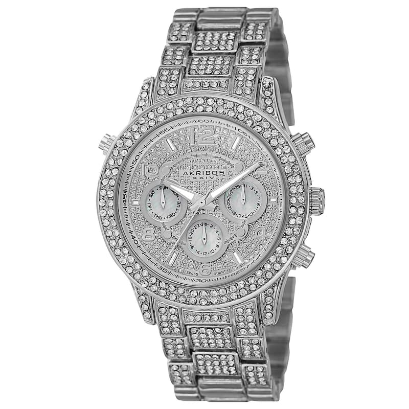 Akribos XXIV Dazzling Women's Swiss Quartz Dual Time Crystal-Accented Silver-Tone Bracelet Watch