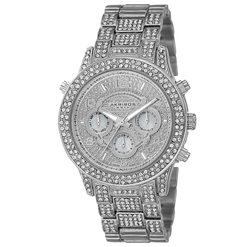 Akribos XXIV Dazzling Women's Swiss Quartz Dual Time Crystal-Accented Silver-Tone Bracelet Watch