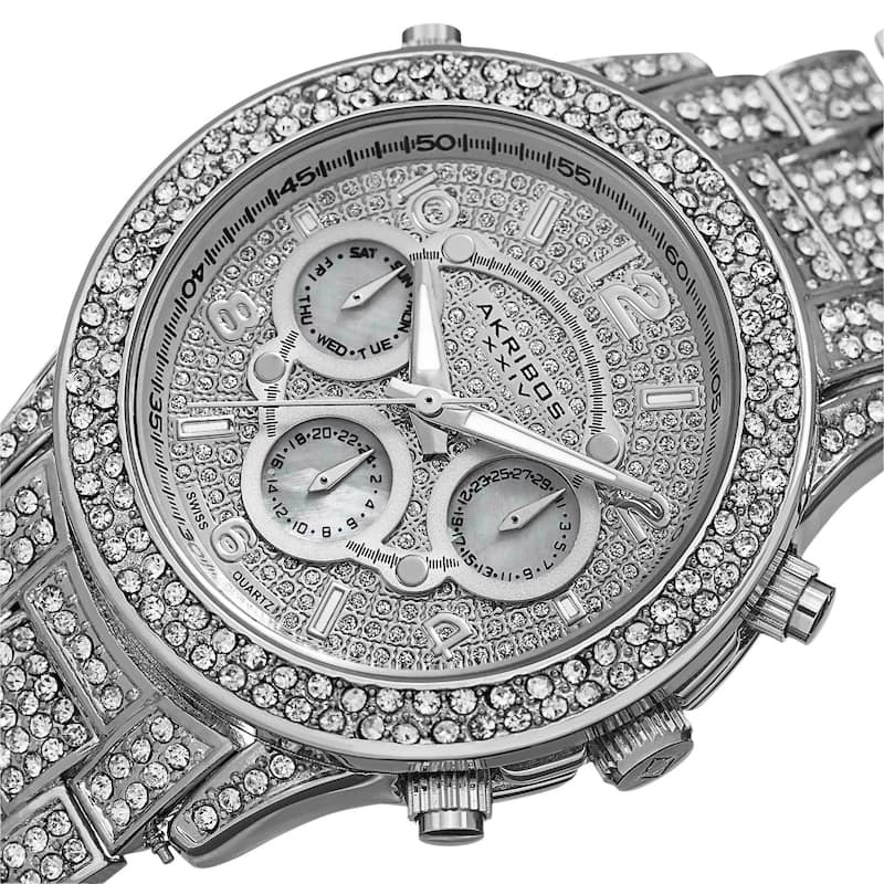 Akribos XXIV Dazzling Women's Swiss Quartz Dual Time Crystal-Accented Silver-Tone Bracelet Watch