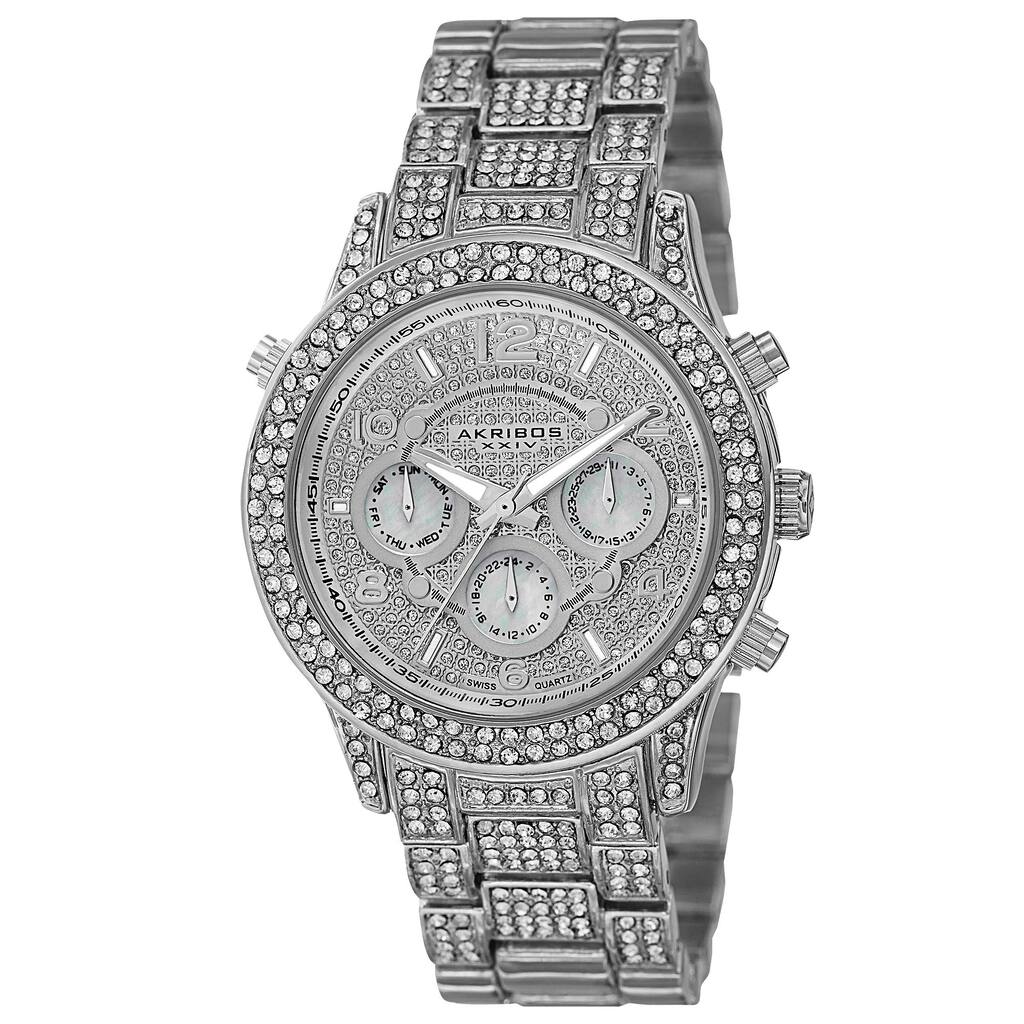 Akribos XXIV Dazzling Women's Swiss Quartz Dual Time Crystal-Accented Silver-Tone Bracelet Watch