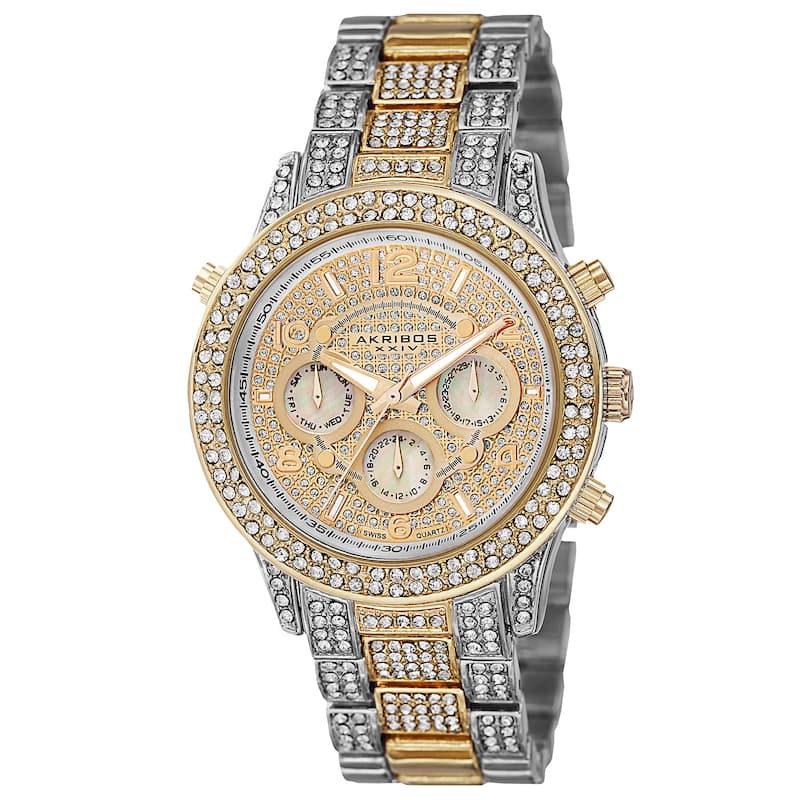 Akribos XXIV Dazzling Women's Swiss Quartz Dual Time Crystal-Accented Two-Tone Bracelet Watch
