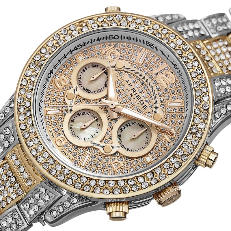 Akribos XXIV Dazzling Women's Swiss Quartz Dual Time Crystal-Accented Two-Tone Bracelet Watch