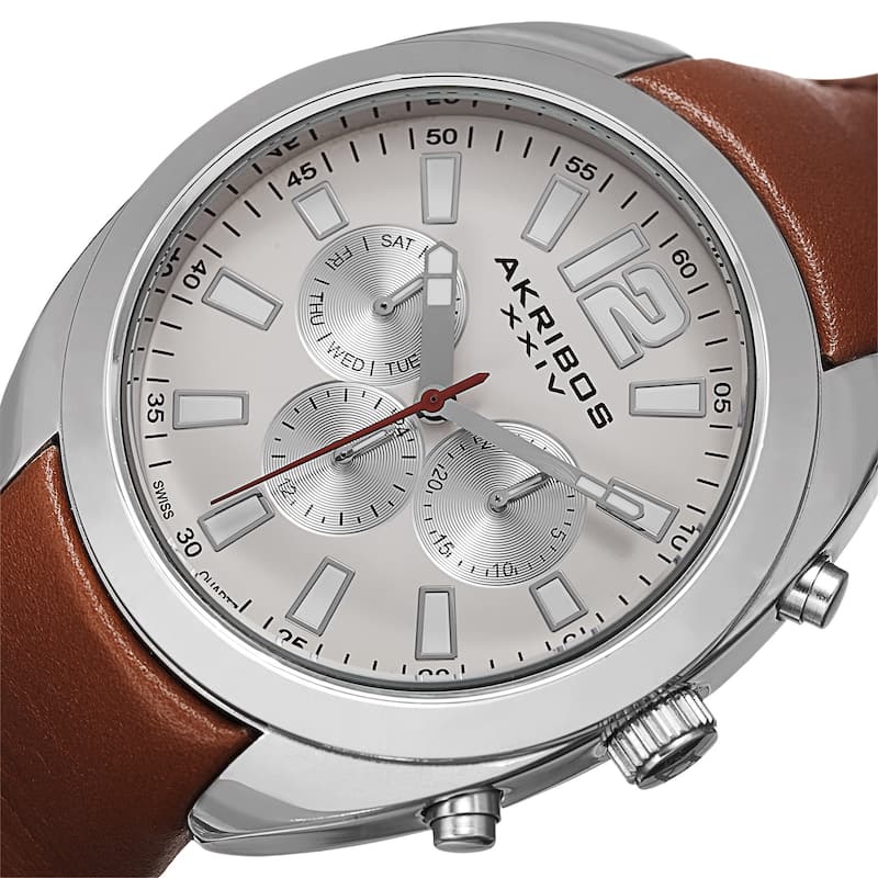 Akribos XXIV Men's Swiss Quartz Dual Time Multifunction Leather Silver-Tone Strap Watch