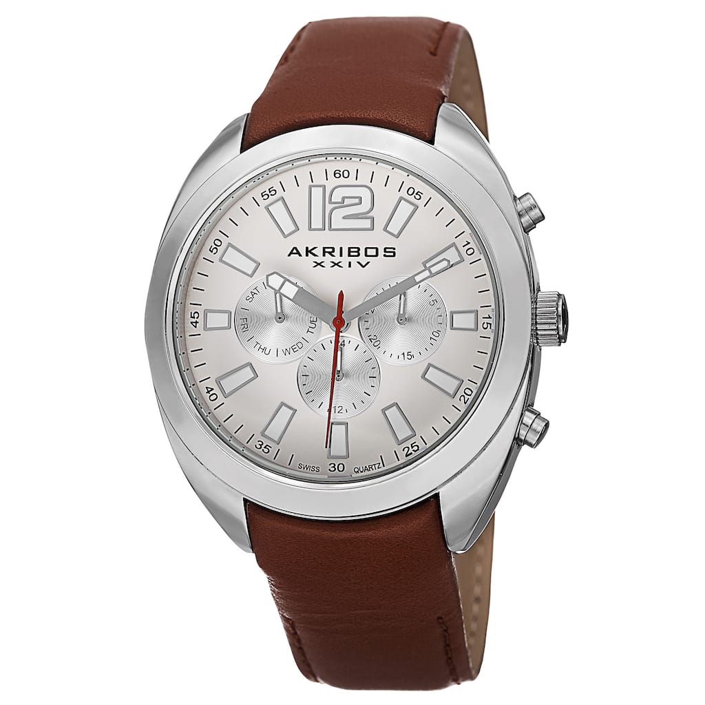 Akribos XXIV Men's Swiss Quartz Dual Time Multifunction Leather Silver-Tone Strap Watch