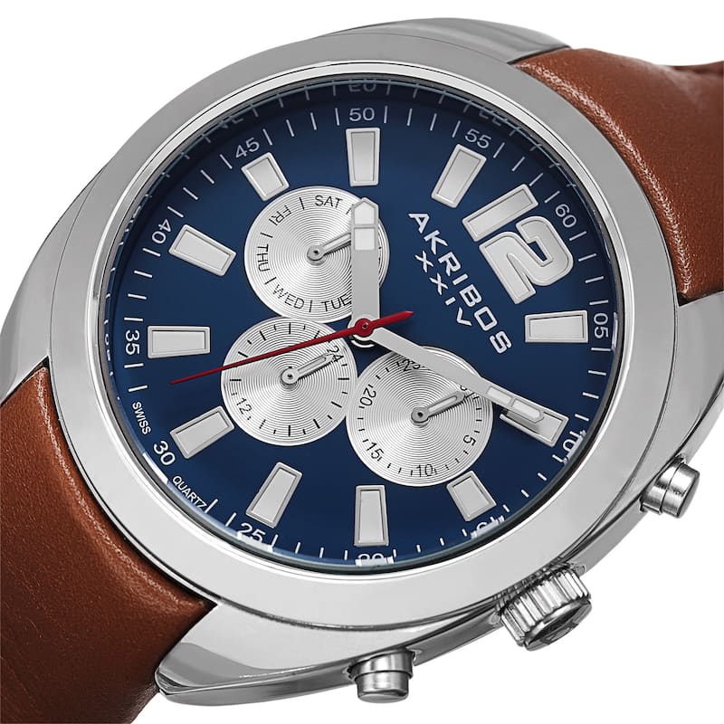 Akribos XXIV Men's Swiss Quartz Dual Time Multifunction Leather Blue Strap Watch