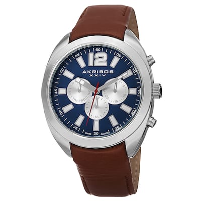 Akribos XXIV Men's Swiss Quartz Dual Time Multifunction Leather Blue Strap Watch