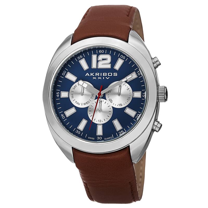 Akribos XXIV Men's Swiss Quartz Dual Time Multifunction Leather Blue Strap Watch