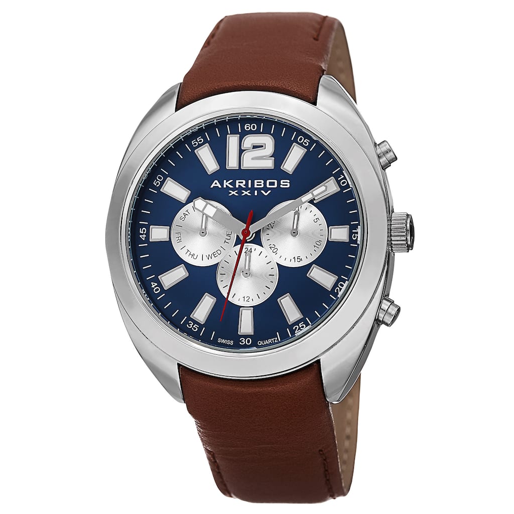 Akribos XXIV Men's Swiss Quartz Dual Time Multifunction Leather Blue Strap Watch