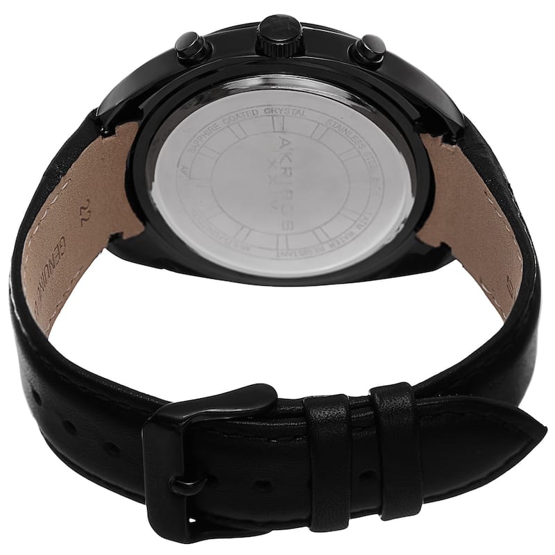 Akribos XXIV Men's Swiss Quartz Dual Time Multifunction Leather Black Strap Watch
