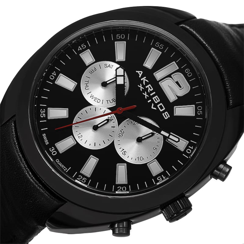 Akribos XXIV Men's Swiss Quartz Dual Time Multifunction Leather Black Strap Watch