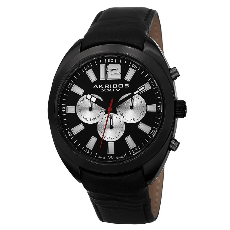 Akribos XXIV Men's Swiss Quartz Dual Time Multifunction Leather Black Strap Watch