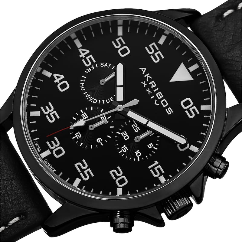 Akribos XXIV Men's Swiss Quartz Multifunction Dual Time Leather Black Strap Watch