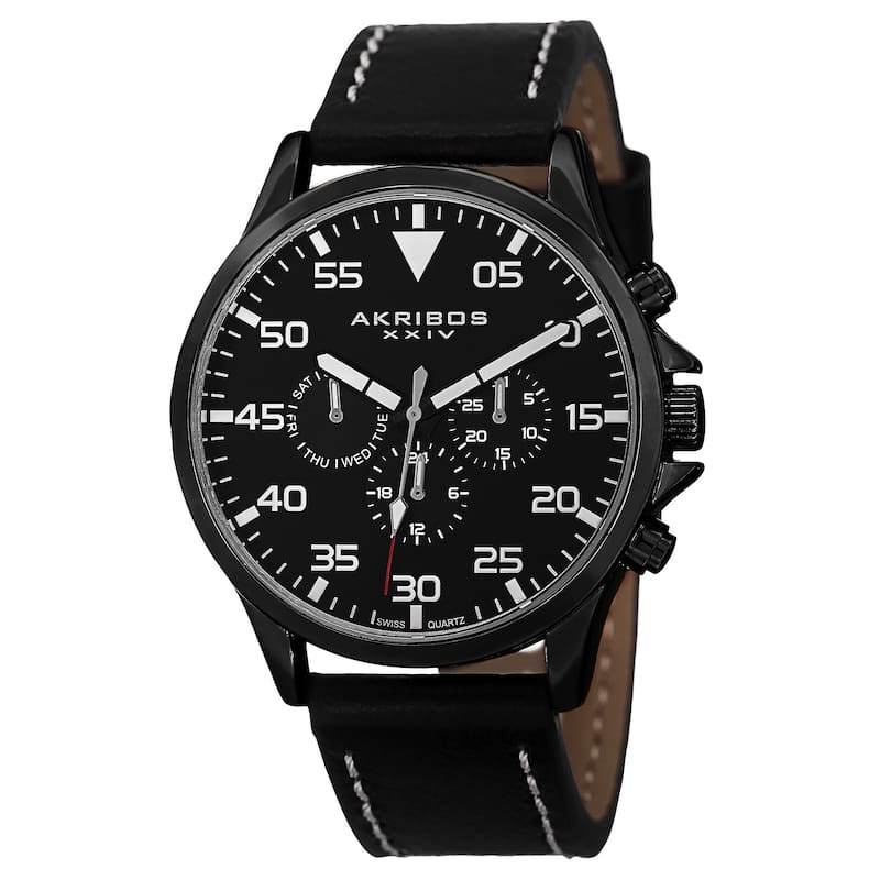 Akribos XXIV Men's Swiss Quartz Multifunction Dual Time Leather Black Strap Watch
