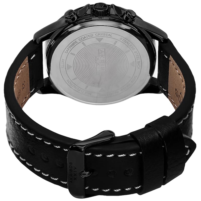 Akribos XXIV Men's Swiss Quartz Multifunction Dual Time Leather Black Strap Watch