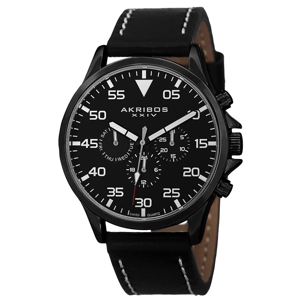 Akribos XXIV Men's Swiss Quartz Multifunction Dual Time Leather Black Strap Watch
