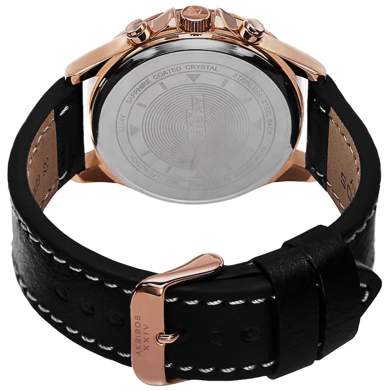 Akribos XXIV Men's Swiss Quartz Multifunction Dual Time Leather Rose-Tone Strap Watch