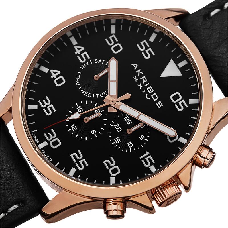 Akribos XXIV Men's Swiss Quartz Multifunction Dual Time Leather Rose-Tone Strap Watch