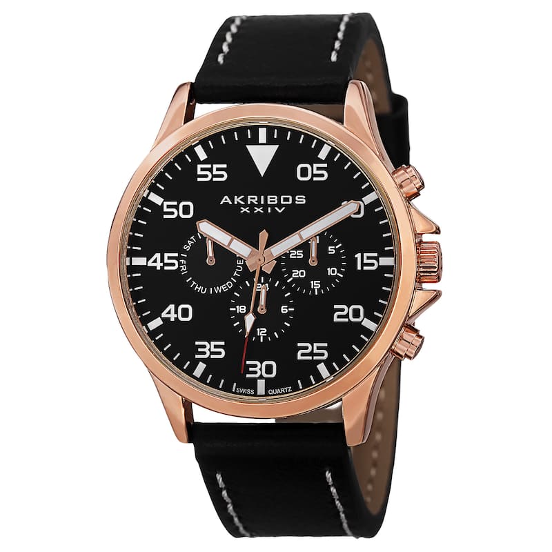 Akribos XXIV Men's Swiss Quartz Multifunction Dual Time Leather Rose-Tone Strap Watch