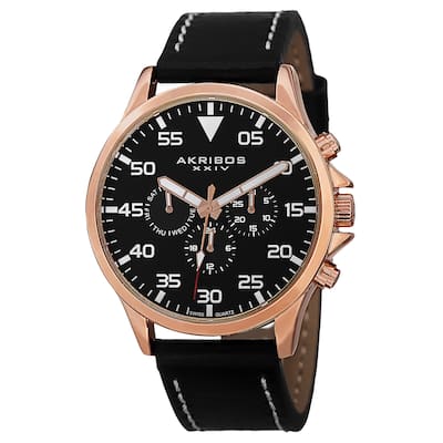 Akribos XXIV Men's Swiss Quartz Multifunction Dual Time Leather Rose-Tone Strap Watch