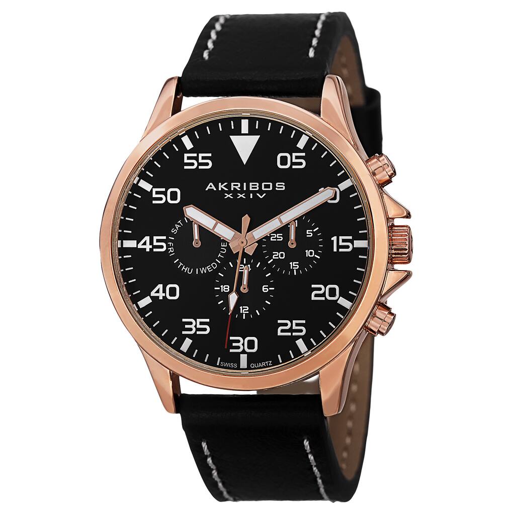 Akribos XXIV Men's Swiss Quartz Multifunction Dual Time Leather Rose-Tone Strap Watch