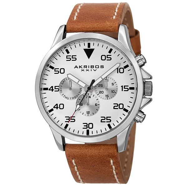 Akribos XXIV Men's Swiss Quartz Multifunction Dual Time Leather Silver-Tone Strap Watch