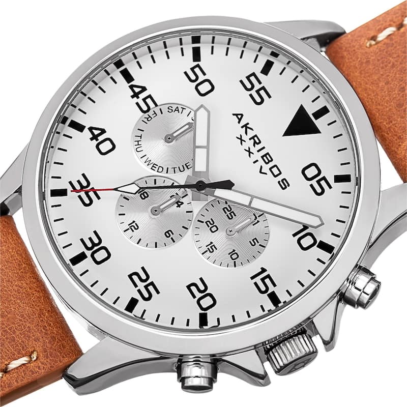 Akribos XXIV Men's Swiss Quartz Multifunction Dual Time Leather Strap Watch