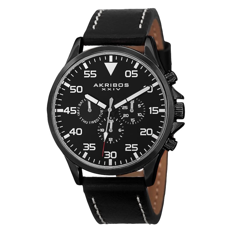 Akribos XXIV Men's Swiss Quartz Multifunction Dual Time Leather Strap Watch - black