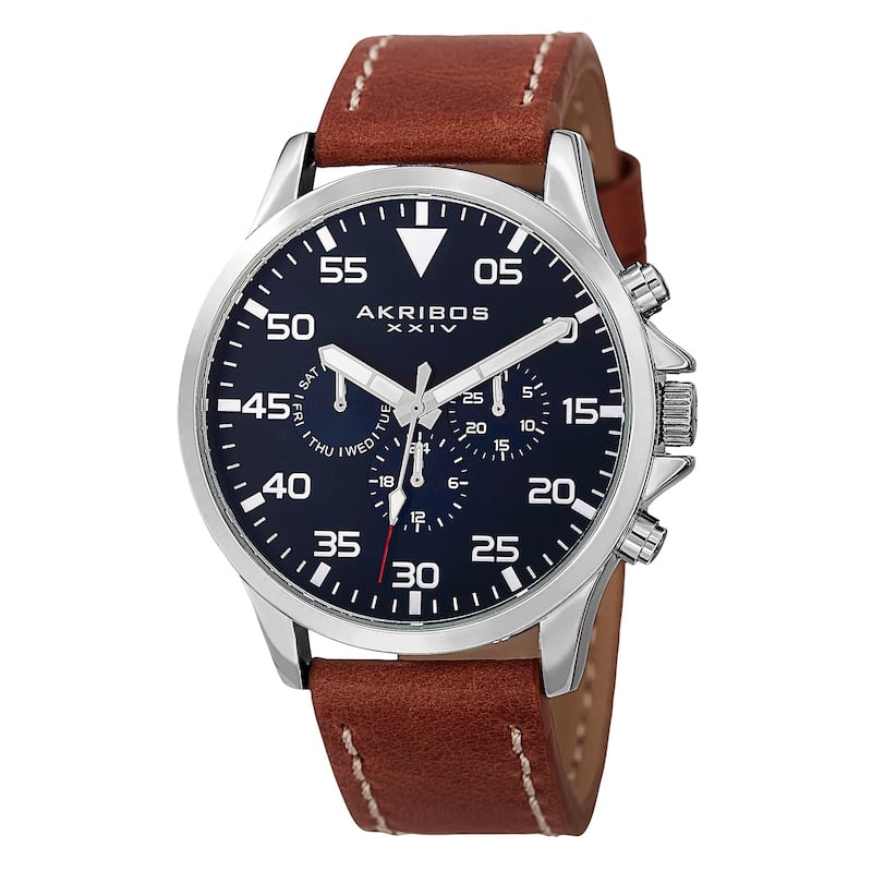 Akribos XXIV Men's Swiss Quartz Multifunction Dual Time Leather Strap Watch