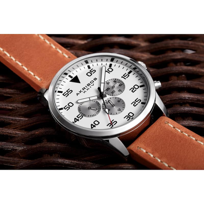 Akribos XXIV Men's Swiss Quartz Multifunction Dual Time Leather Strap Watch