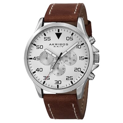 Akribos XXIV Men's Swiss Quartz Multifunction Dual Time Leather Strap Watch