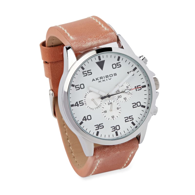 Akribos XXIV Men's Swiss Quartz Multifunction Dual Time Leather Strap Watch