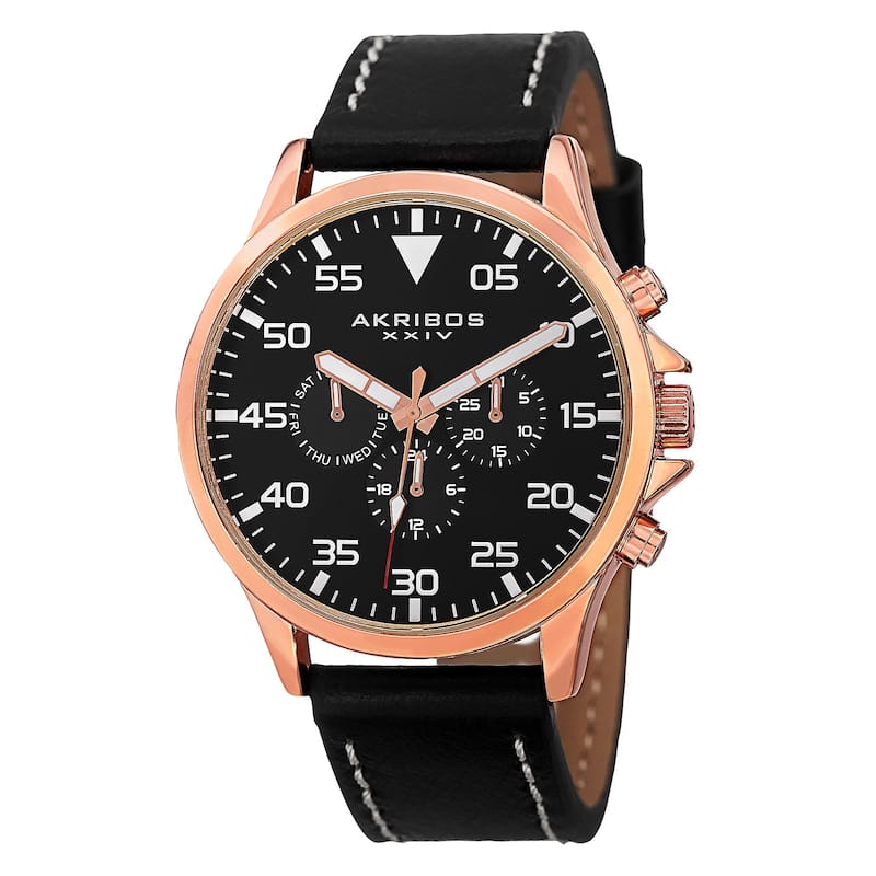 Akribos XXIV Men's Swiss Quartz Multifunction Dual Time Leather Strap Watch - Rose/Black