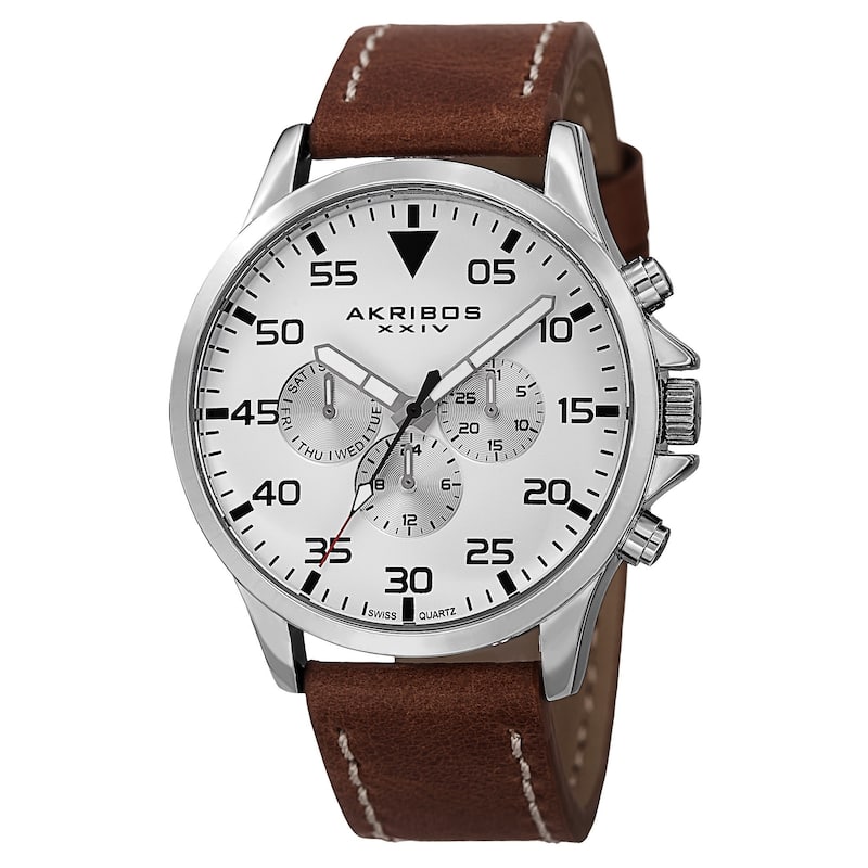 Akribos XXIV Men's Swiss Quartz Multifunction Dual Time Leather Strap Watch