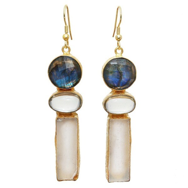 Handmade Gold Overlay Labradorite & Fluorite Earrings (India). Opens flyout.